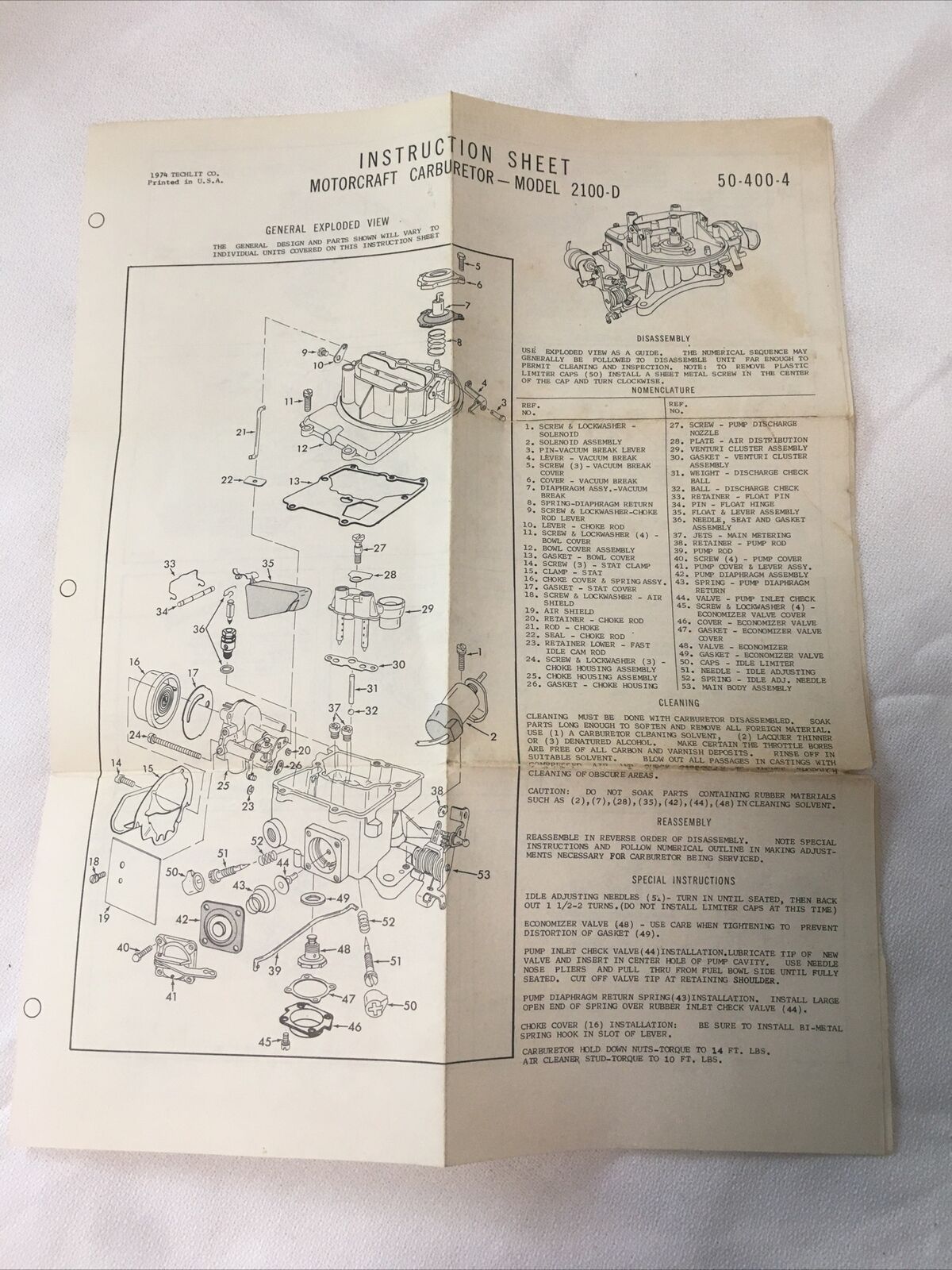 Instruction Sheet For Motorcraft Carburetor Model 2100-D