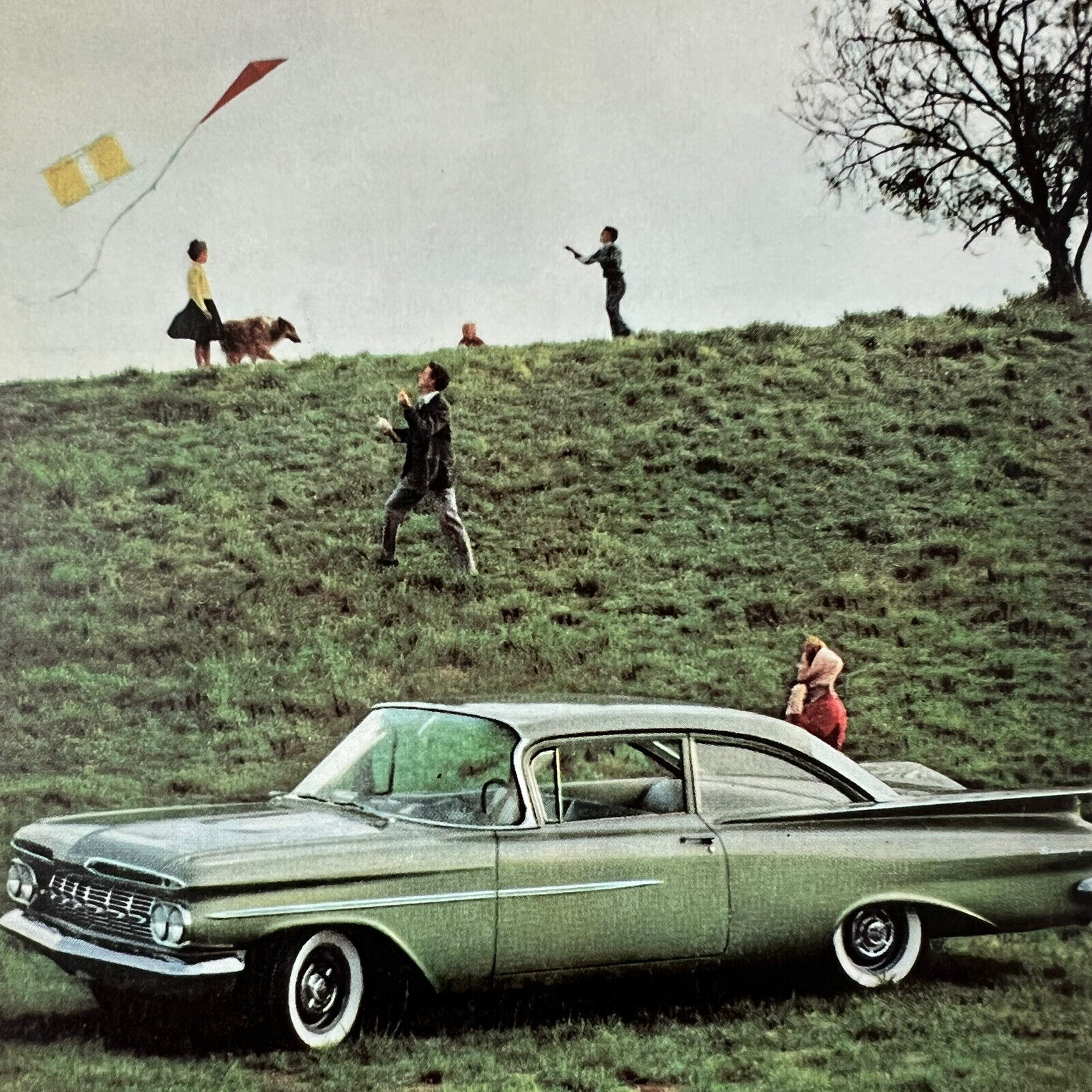 Vintage Chevrolet Biscayne Two Door Sedan Green Advertisement Ad Flying Kites