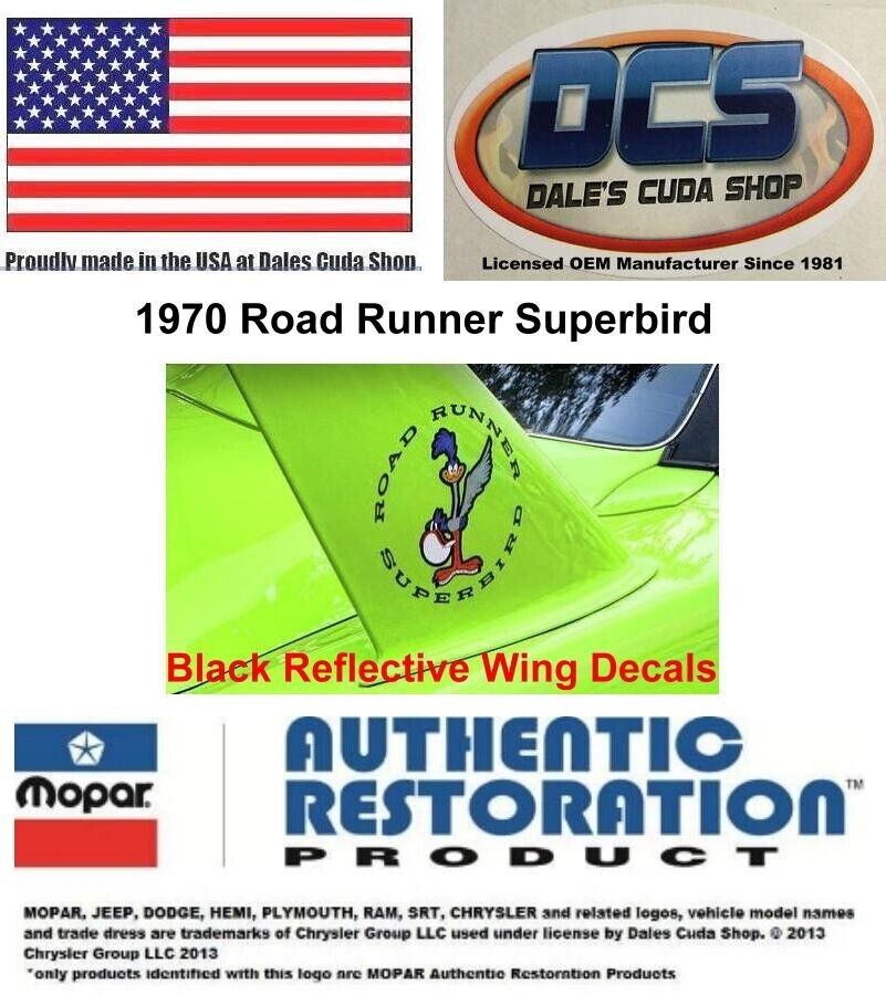 1970 Plymouth Superbird Correct Rear Wing Black Reflective Decals MoPar New USA