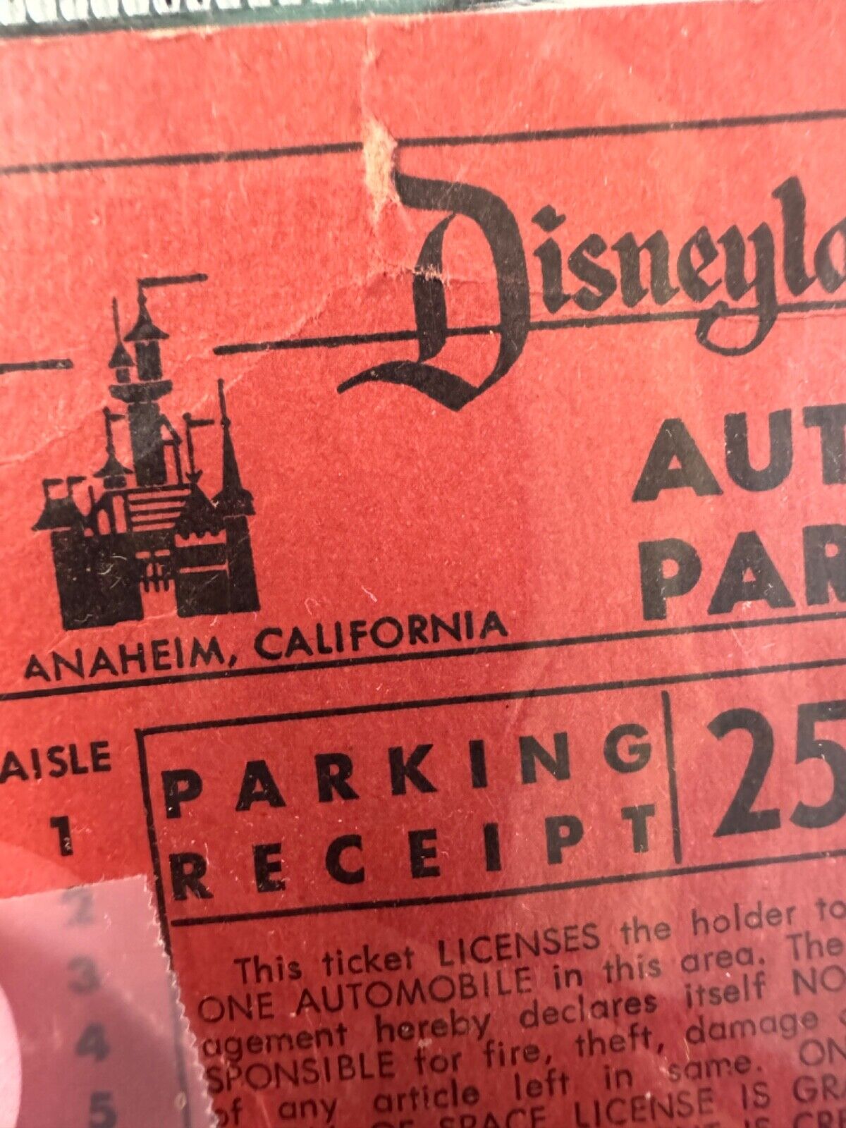 Disneyland 1958-59 auto park red parking receipt 25 cents Anaheim cal.