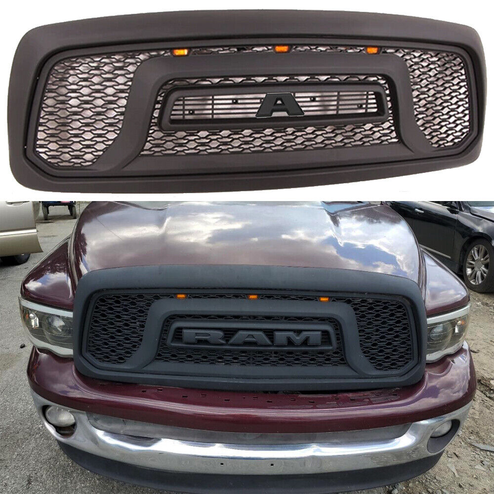 Front Grille For 2002-05 Dodge Ram 1500 Mesh Grill W/Letters W/3LEDs Matte Black
