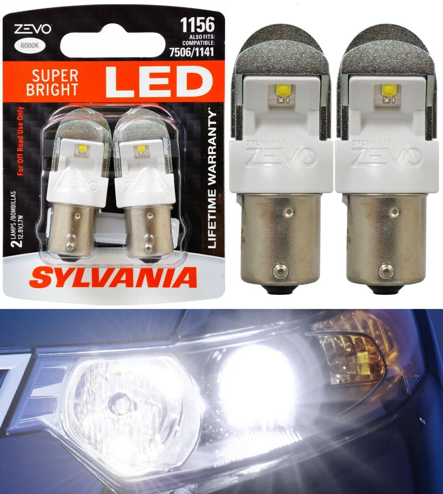 Sylvania ZEVO LED Light 1156 White 6000K Two Bulbs Front Turn Signal Replace OE