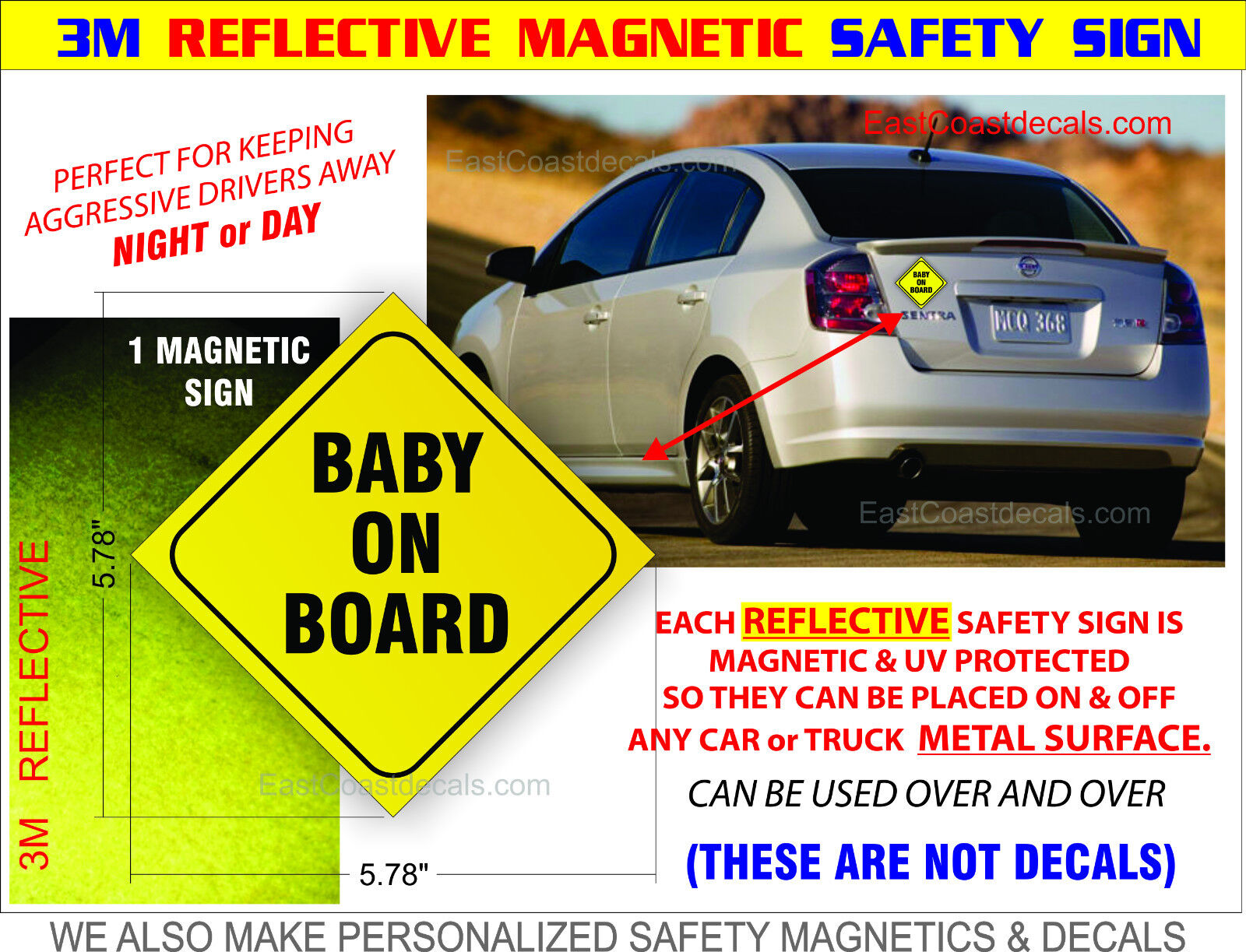 BABY ON BOARD SAFETY REFLECTIVE Magnetic Sign NEW Heavy Duty On & Off with Ease