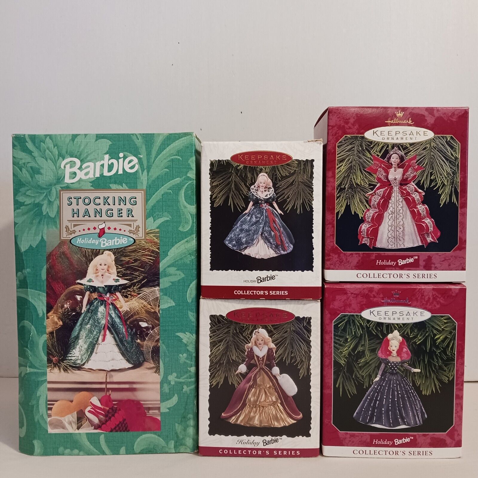 Lot of 5 Hallmark HOLIDAY BARBIE Christmas Ornaments & Stocking Hanger 1995-1998