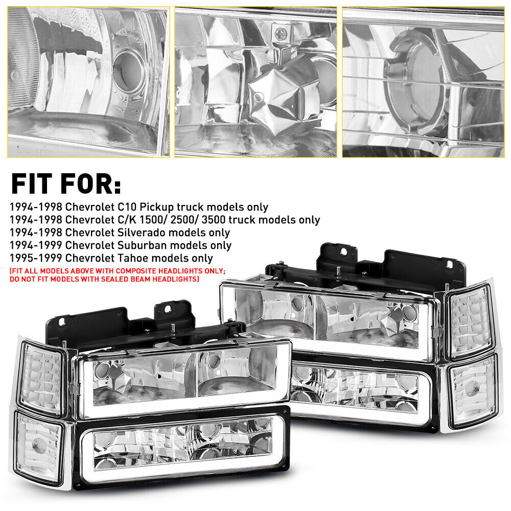 LED Tube CLEAR Headlights+Corner+Bumper Lamp Fits 94-98 GMC C/K C10 Sierra Yukon