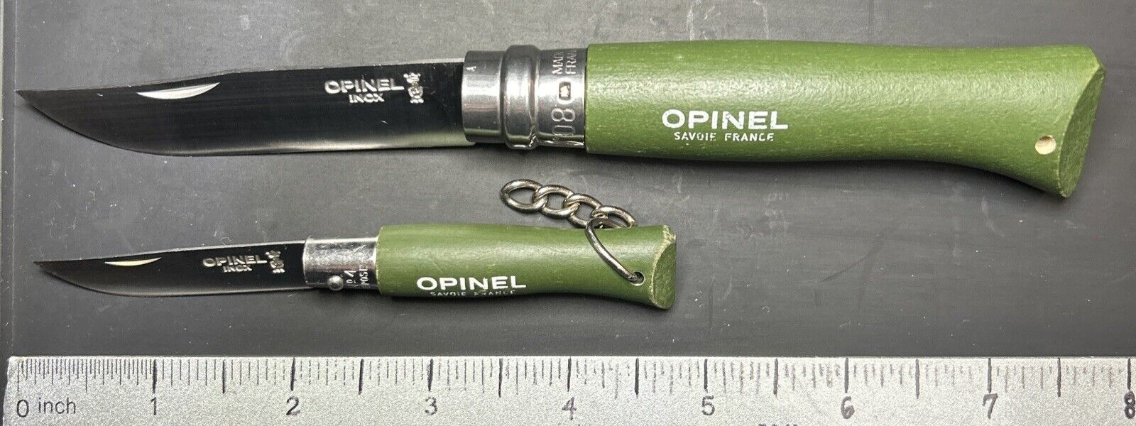 Lot of 2 Opinel Inox Savoie France No 08 & No 04 Green Ring Lock Folding Knives