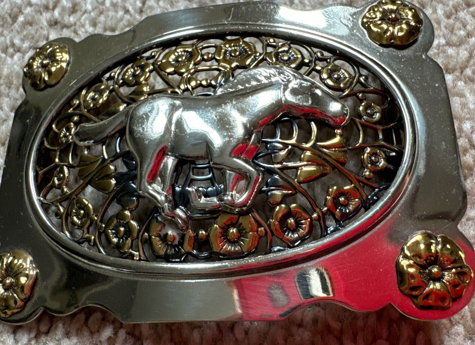 Vintage Mustang Horse Silver Nickel Belt Buckle. Filigree Cut.