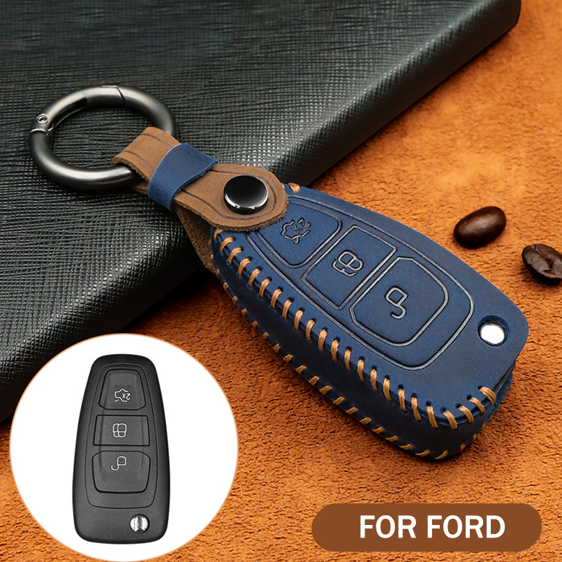Leather Car Key Case Cover Skin Shell For Ford Ranger C-Max S-Max Focus Galaxy
