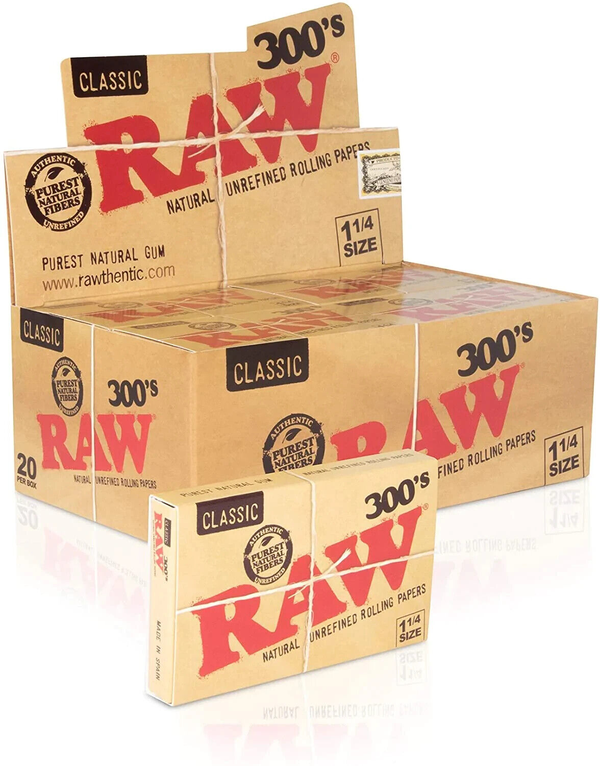 😎RAW 300's CLASSIC NATURAL UNREFINED ROLLING PAPERS FULL BOX 1 1/4 -✨ 20 Packs✨