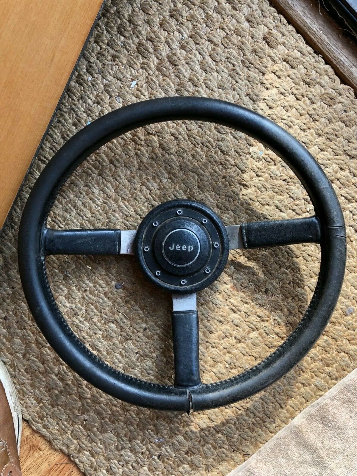 Jeep CJ Wrangler YJ Black Leather Steering Wheel OEM 1976-1995 rare