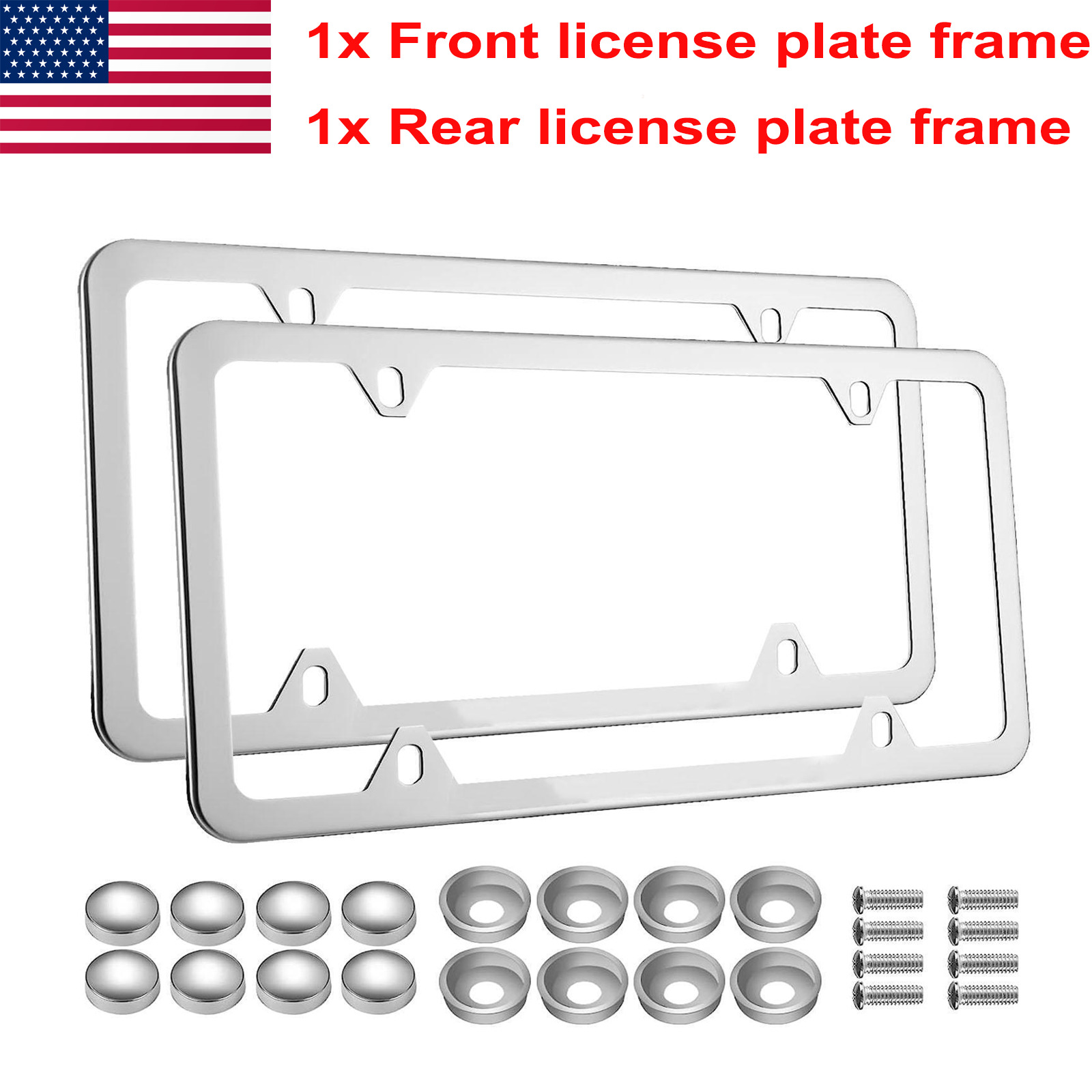 2Pcs Chrome Stainless Steel Metal License Plate Frame Tag Cover With Screw Caps
