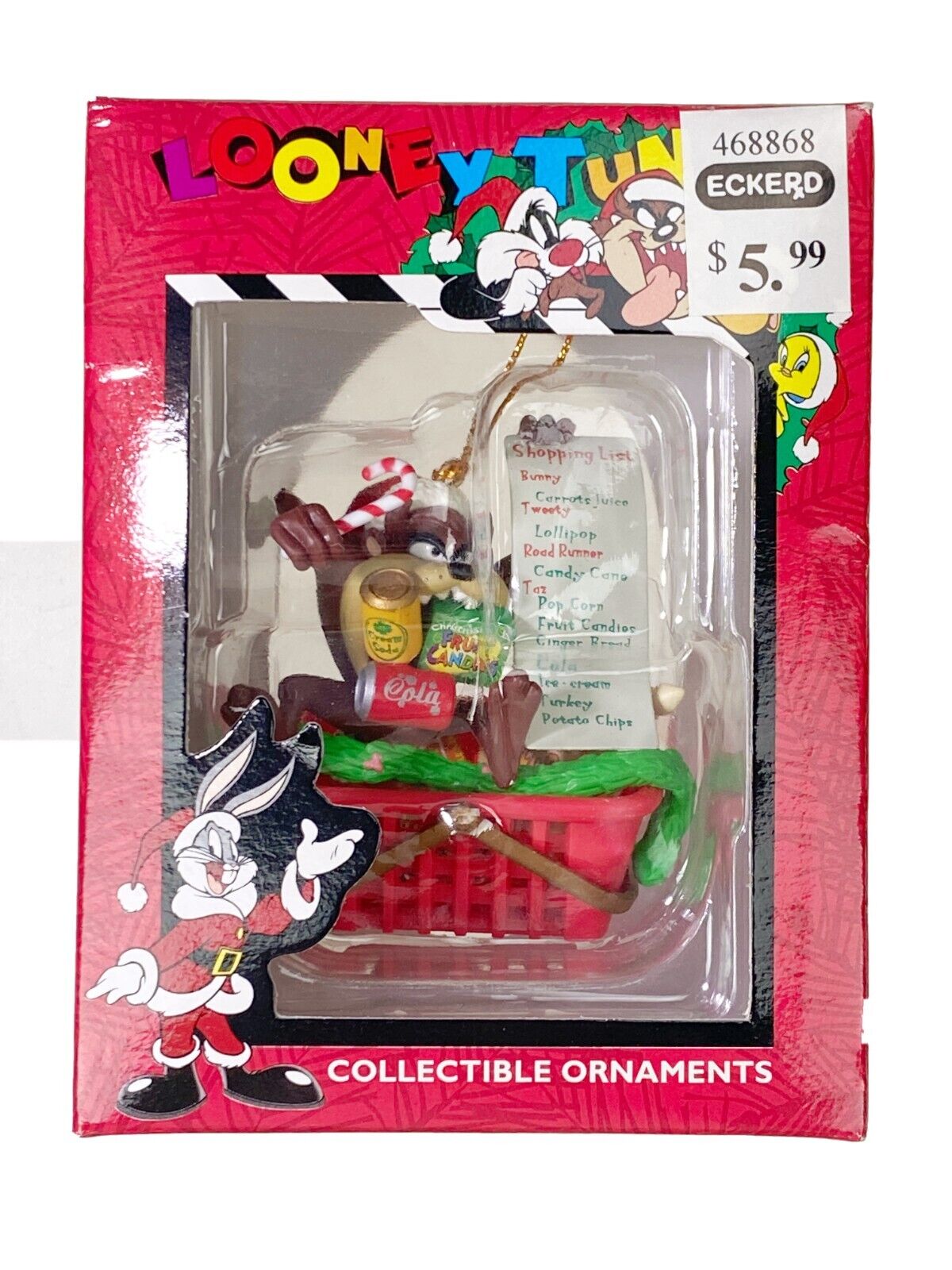 Looney Tunes Christmas Ornament Taz Shopping Basket 1997 Tasmanian Devil