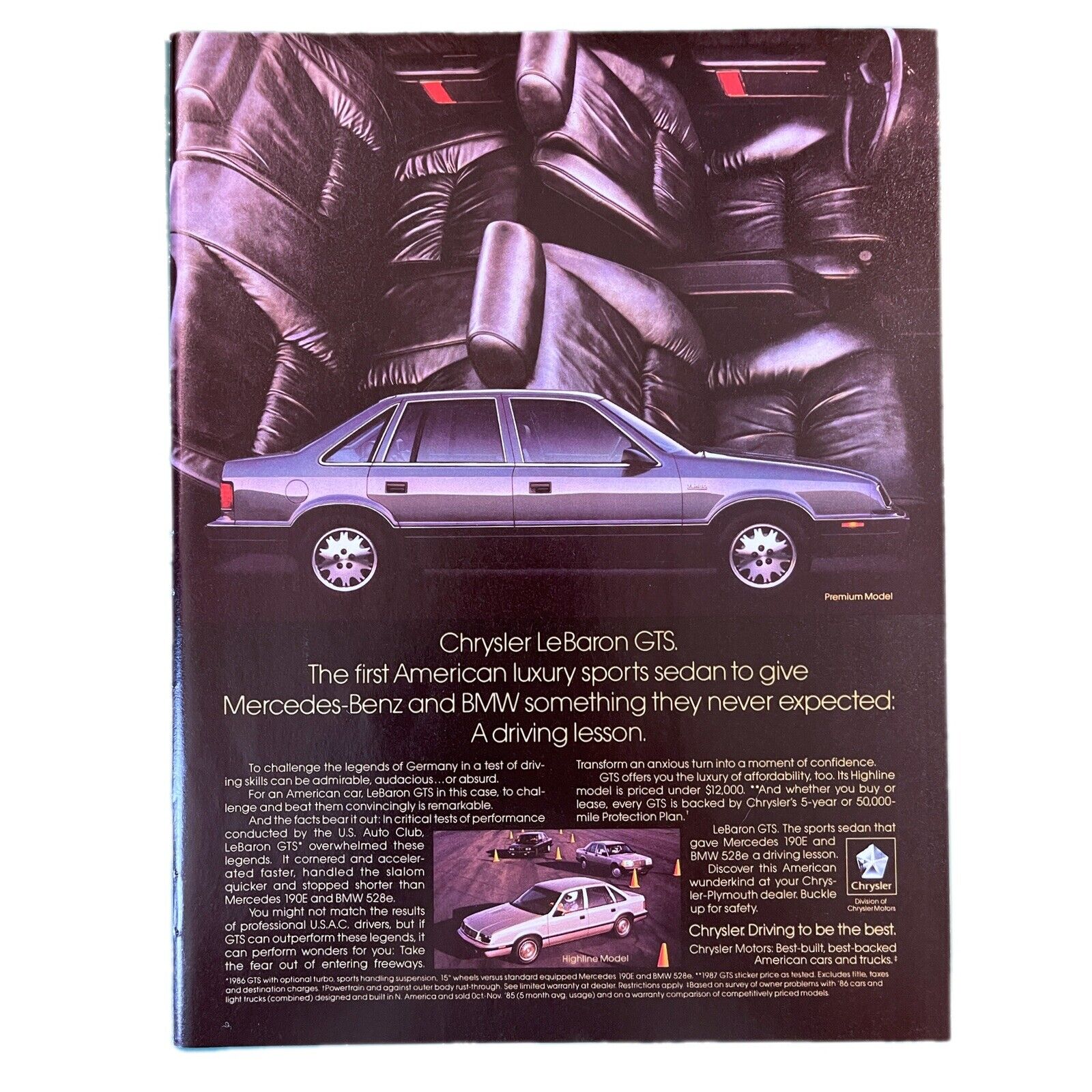 Chrysler LeBaron GTS Print Advertisement Vintage 1986 80s 8.25x11” Auto