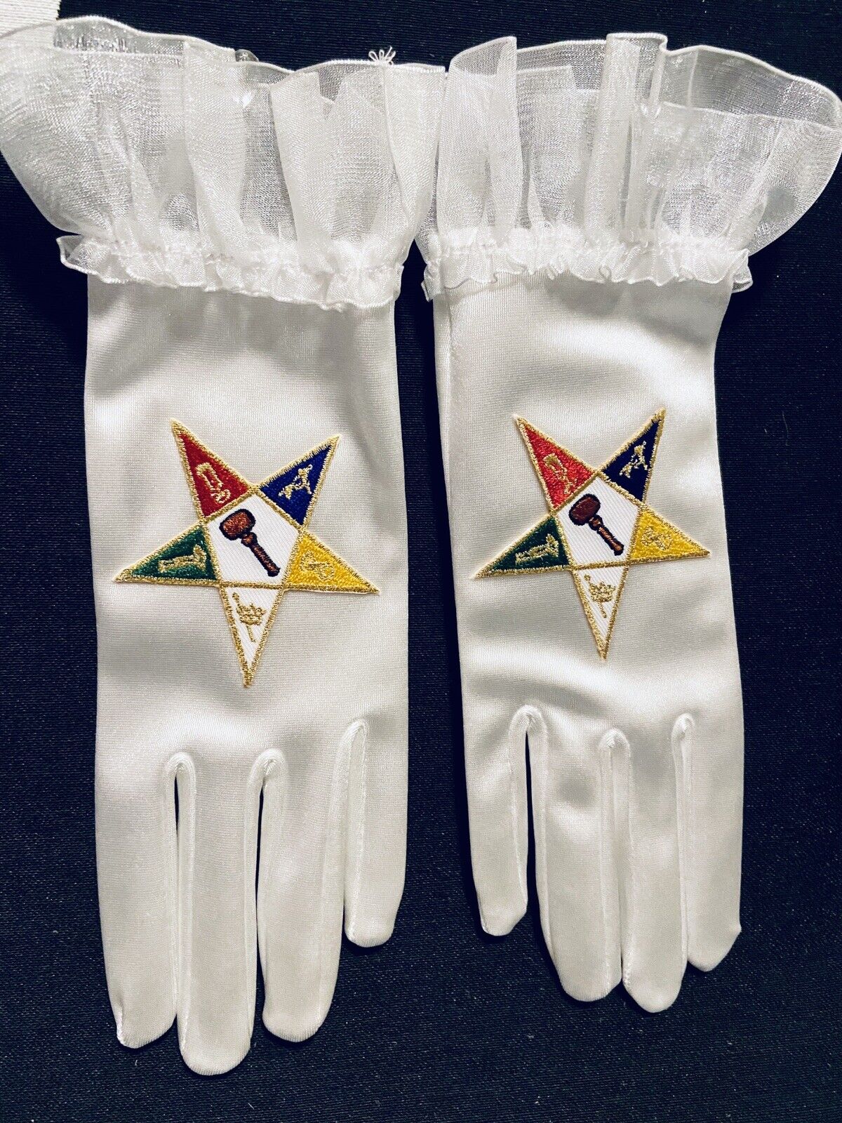 New OES Worthy Matron Eastern Star Satin Gloves with Chiffon cuff 