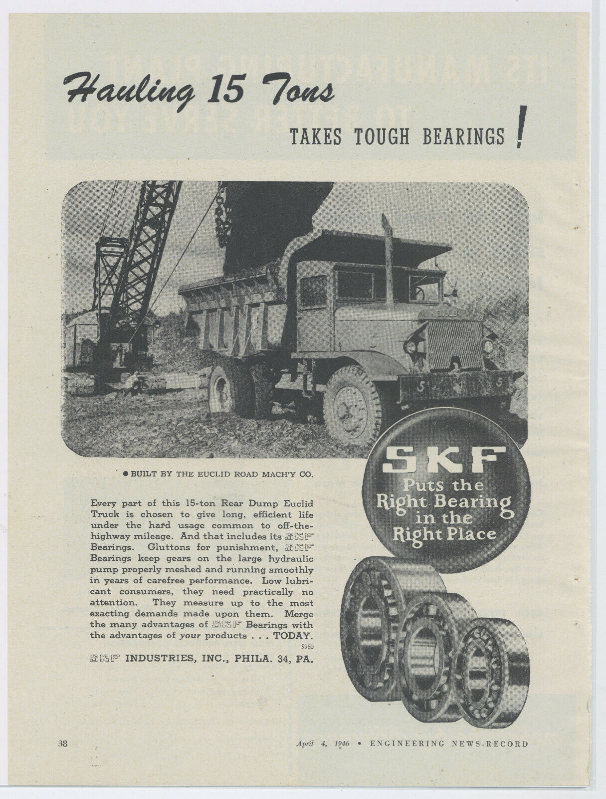 1946 SKF Bearings Advertisement: Euclid 15 Ton Rear Dump Truck Featured