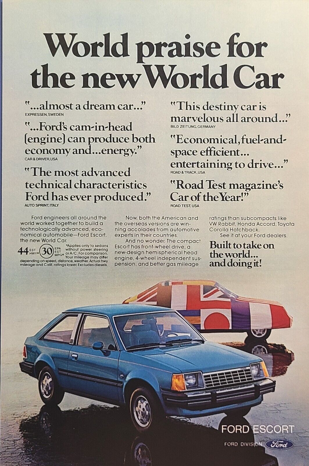 \'81 Ford Escort FWD 2-Door Blue Hatchback Car World Flags Vintage Print Ad 1981