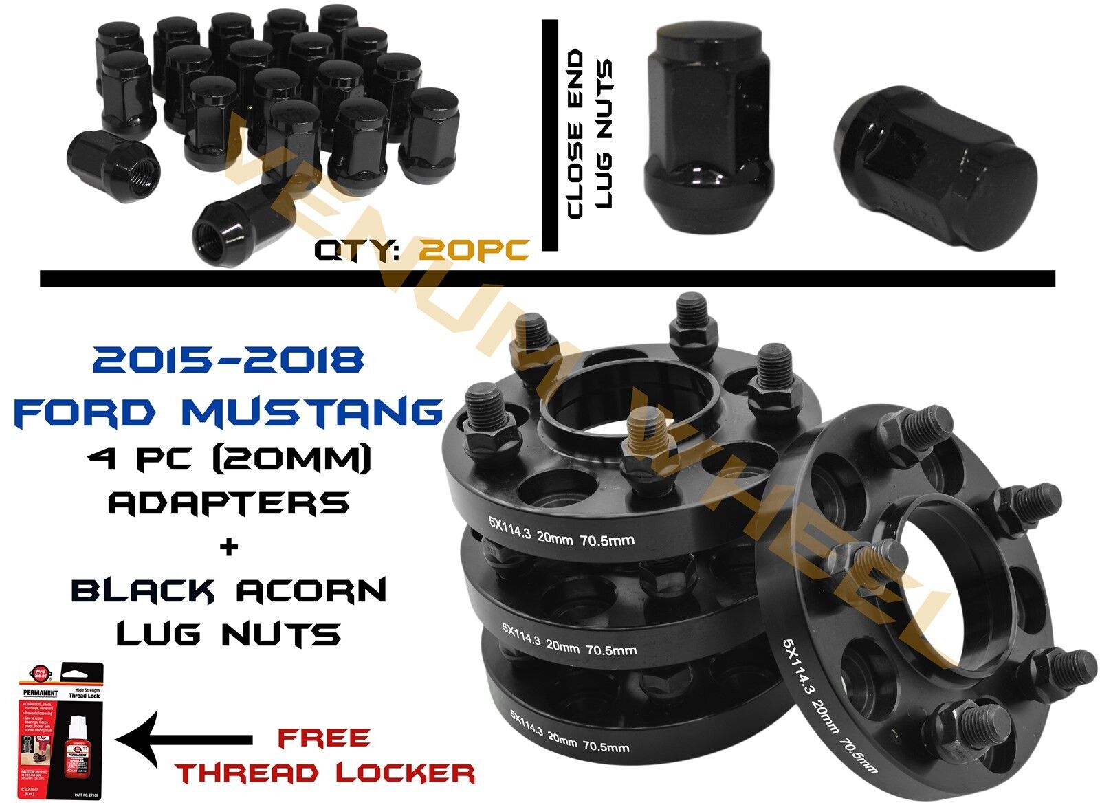  4pc Mustang GT Black Hub Centric Adapter Kit W/ 20 Black Bulge Acorn Lug Nuts