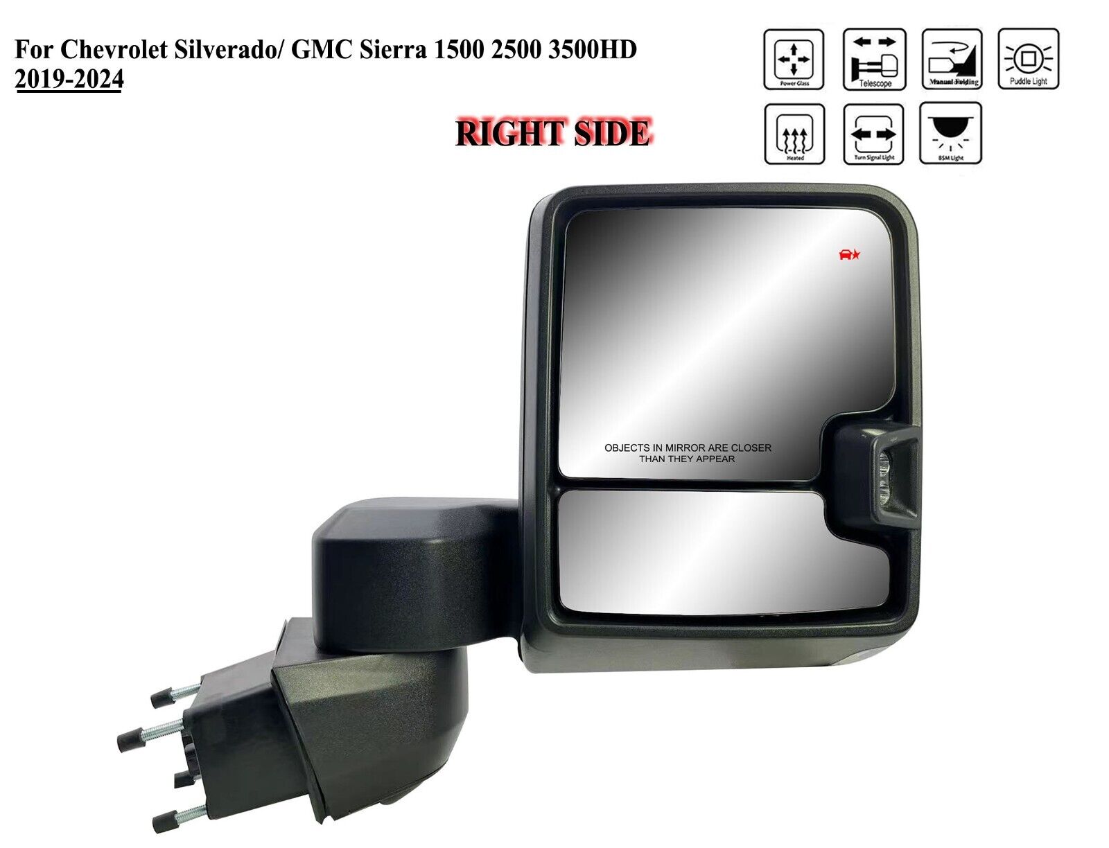 Passenger Right Side Chrome Tow Mirror for 19 to 24 Chevy Silverado GMC Sierra