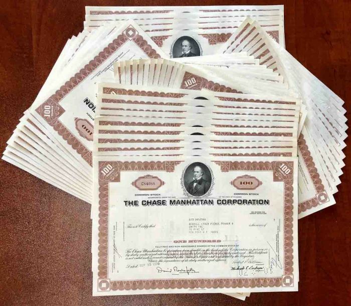 50 Pieces of Chase Manhattan Corporation - 50 Stock Certificates dated 1969-70 -