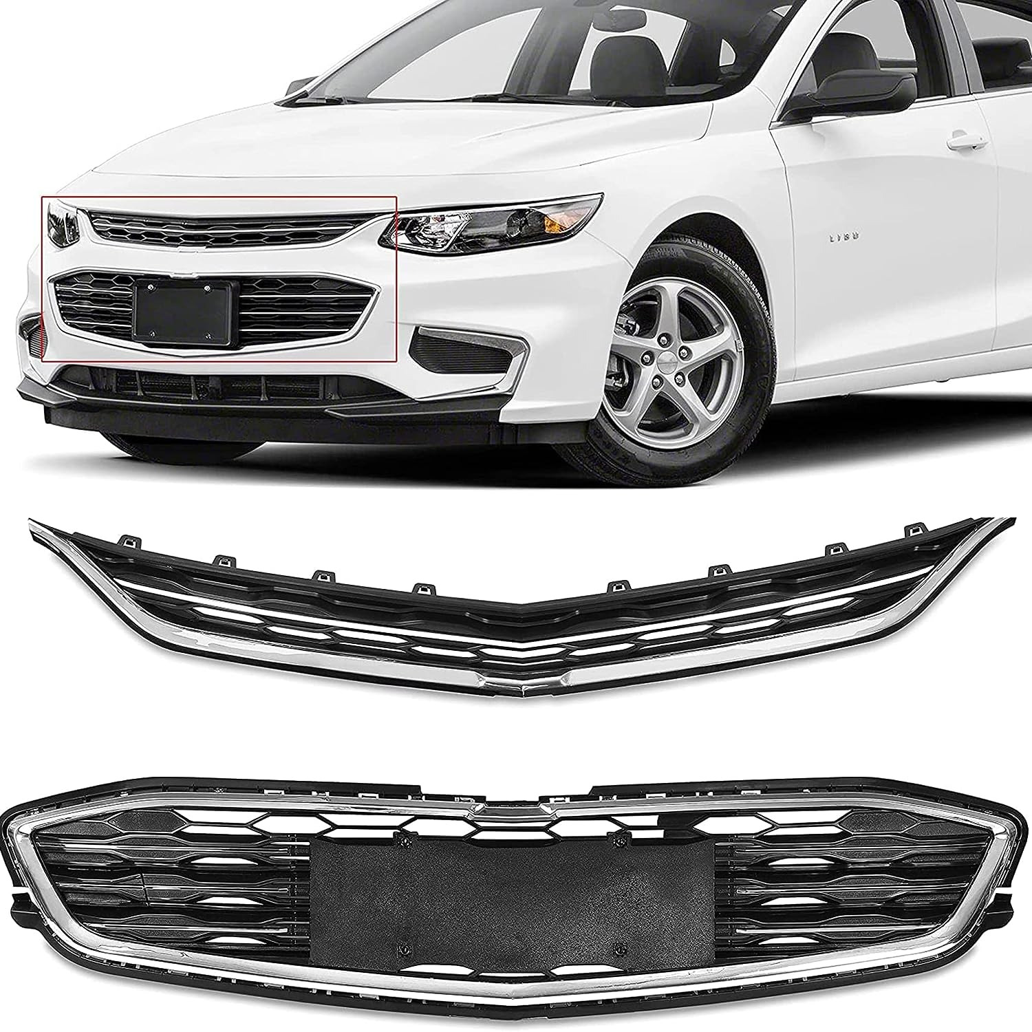 Front Bumper Grill Upper & Lower Honeycomb Mesh Grille for 2016 2017 2018 Chevro
