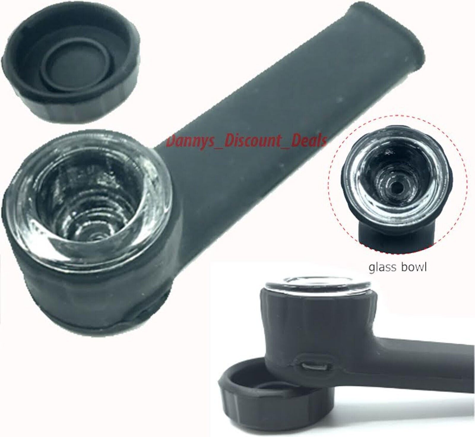 Silicone PIPE Flexible Handheld Tobacco Smoking with Glass Bowl & Cap Lid Black