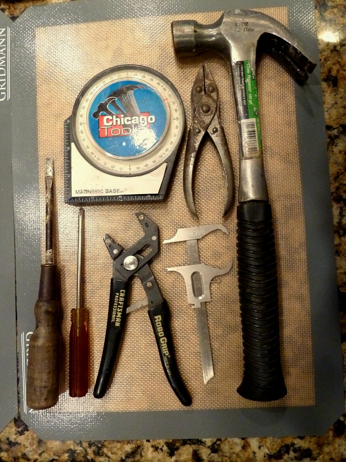 Lot of Misc. Tools: 2x Pliers, Angle Finder, Hammer, Caliper, & Screw Drivers