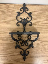 Vtg Black Wrought Iron Wood Scroll Lattice Pattern Wall Shelf Hanging Sconce picture