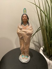 Indian Native American Hand Painted Porcelain Statue  1992 Signed DW 12.5 Inches picture
