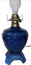 Rare Vintage Blue Glass Electrified Kerosene Lamp Roses  picture