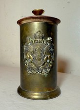 Antique ornate brass wood Italian armorial cigarette humidor box dispenser jar picture