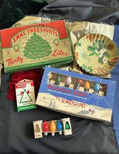 Vintage 1930-40-50’s Christmas Tree Lights W/boxes & Decorations Lot Bakelite picture