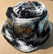 Vintage 1970s Crochet Beer Can Fedora Type Hat Stroh's Bohemian Black White Gray picture
