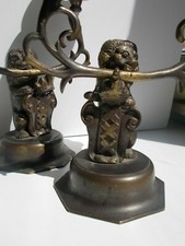 Pair Antique Bronze Candelabras Lions Holding Coat of Arms 19th century picture