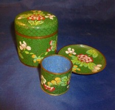 Vintage Cloisonne 3 Piece Enameled Cigarette Set Green picture