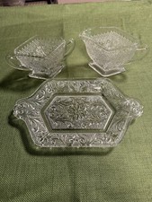 1930s Indiana Depression Glass Sandwich Diamond Shape Creamer, Sugar & Tray picture