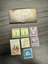 Antique Engraved Metal Envelope Vesta Case with Vintage US Postage Stamps picture