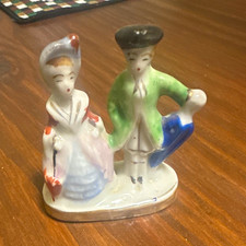 Vintage Japanese Porcelain Couple Figurine on Base Marked Japan Green/Pink picture