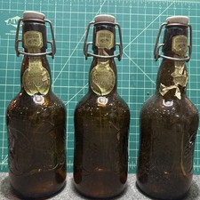 Vtg X3 Glass Grolsch Bottle With Porcelain Topper Amber Color Empty Unique Rare picture