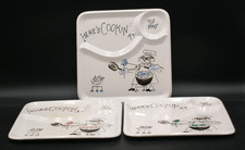 VTG Here's Cookin' At You BBQ DIVIDED PLATES JAPAN 3 HAND PAINTED MCM picture