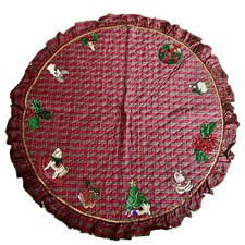 Vintage Christmas Santa Sequin Tree Skirt 57 Inch Plaid Santa Bells Angel Candle picture