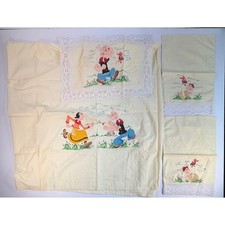 Vintage Popeye Olive Oyl Hand Painted Blanket + 3 Mini Pillowcase Set Lace Trim picture