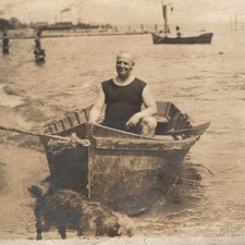 c1910s Man Swimsuit Rowboat Dog Beach Swimmers Snapshot Photo Seaside Resort Vtg picture