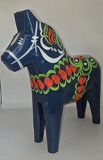 Vtg Lg FolkArt Dala Horse Nils Olsson Sweden Blue Navy Wood 10
