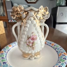 Antique Vintage Glazed Ceramic Pitcher Floral White Pink GoldAntique  picture