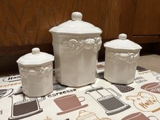 Vintage HiMark Japan Harvest Weave White Ceramic 3 Pc Canister Set Fruit picture