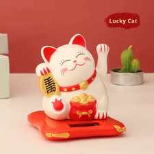 Solar Powered Lucky Beckoning Cat Waving Wealth Fortune Home Office Decor White picture