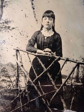 Antique 1880s Tintype Young Woman Rustic Branch Fence Scenic Studio Backdrop picture