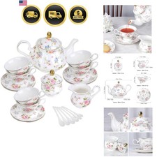 21 Piece Vintage Pink Blue Floral Porcelain Tea Set with Gold Trim picture