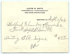 1926 Lloyd M. Smith Photo Bedford PA bill for Elk-Signe picture