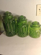 Set Of 3 Vintage LE Smith Moon And Stars Emerald Green Glass Canisters w/Lids picture